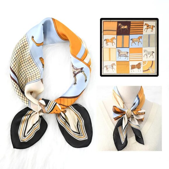 2/$30 Equestrian-Themed Silk Satin Scarf Horses Large Square Orange Black - Picture 6 of 6